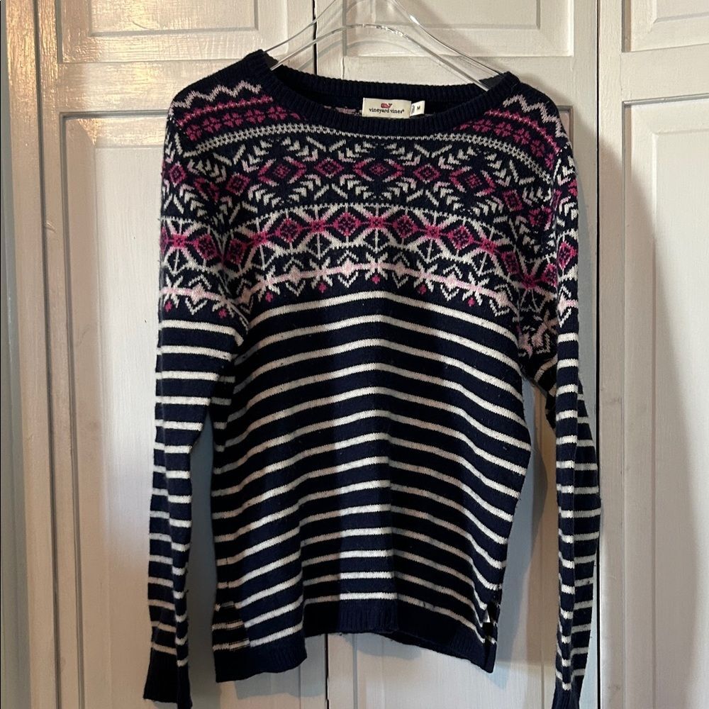 Wool and Cashmere Vineyard Vines Navy and Pink Striped Sweater - Size M
